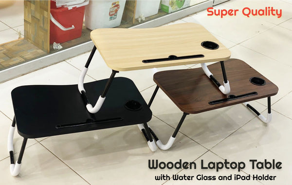 Fine Quality Foldable Wooden Laptop Table with Glass and Mobile Holder